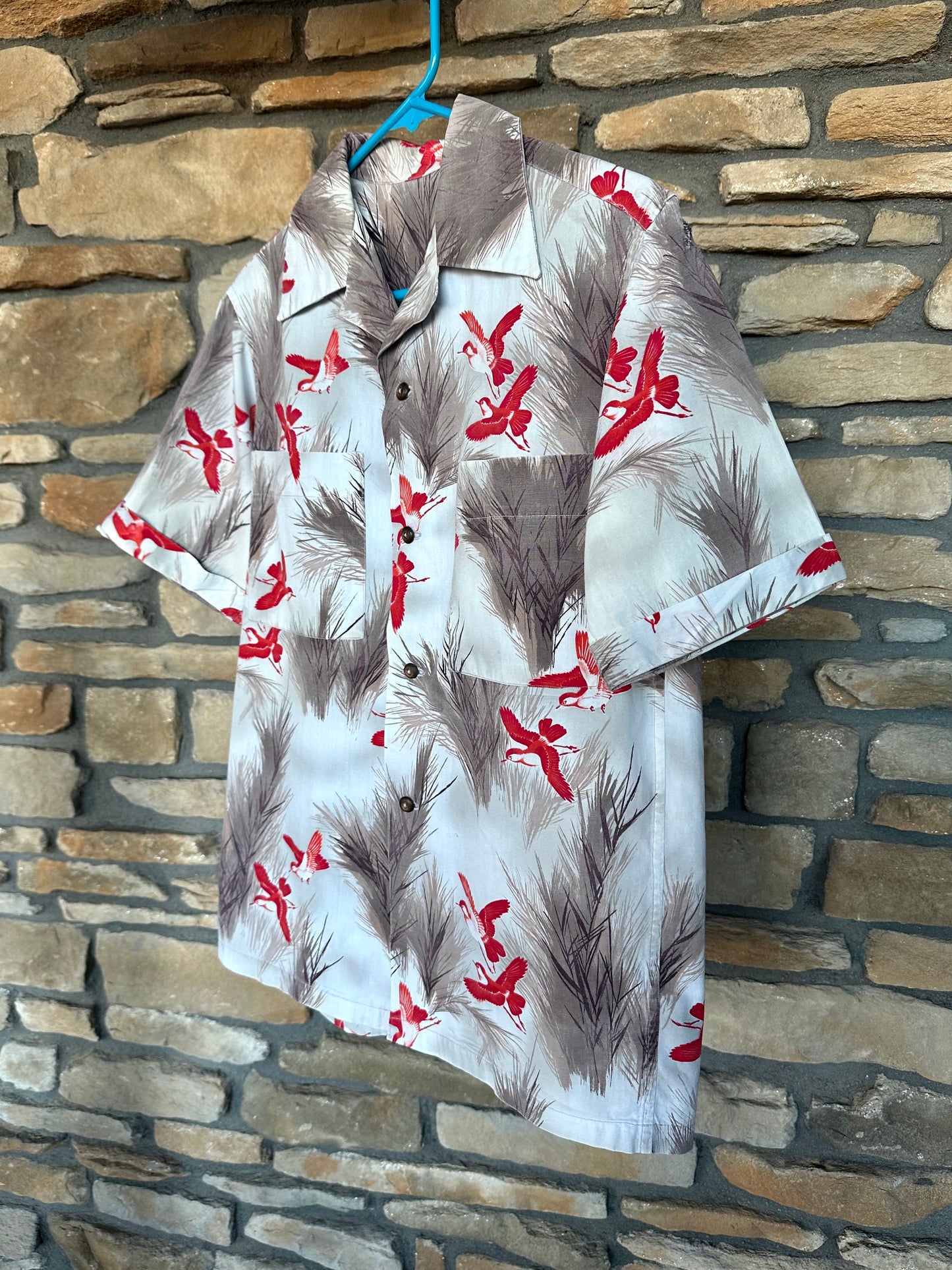 50’s Handmade Wild Birds Printed Cotton Casual Shirt (Unisex S/M)