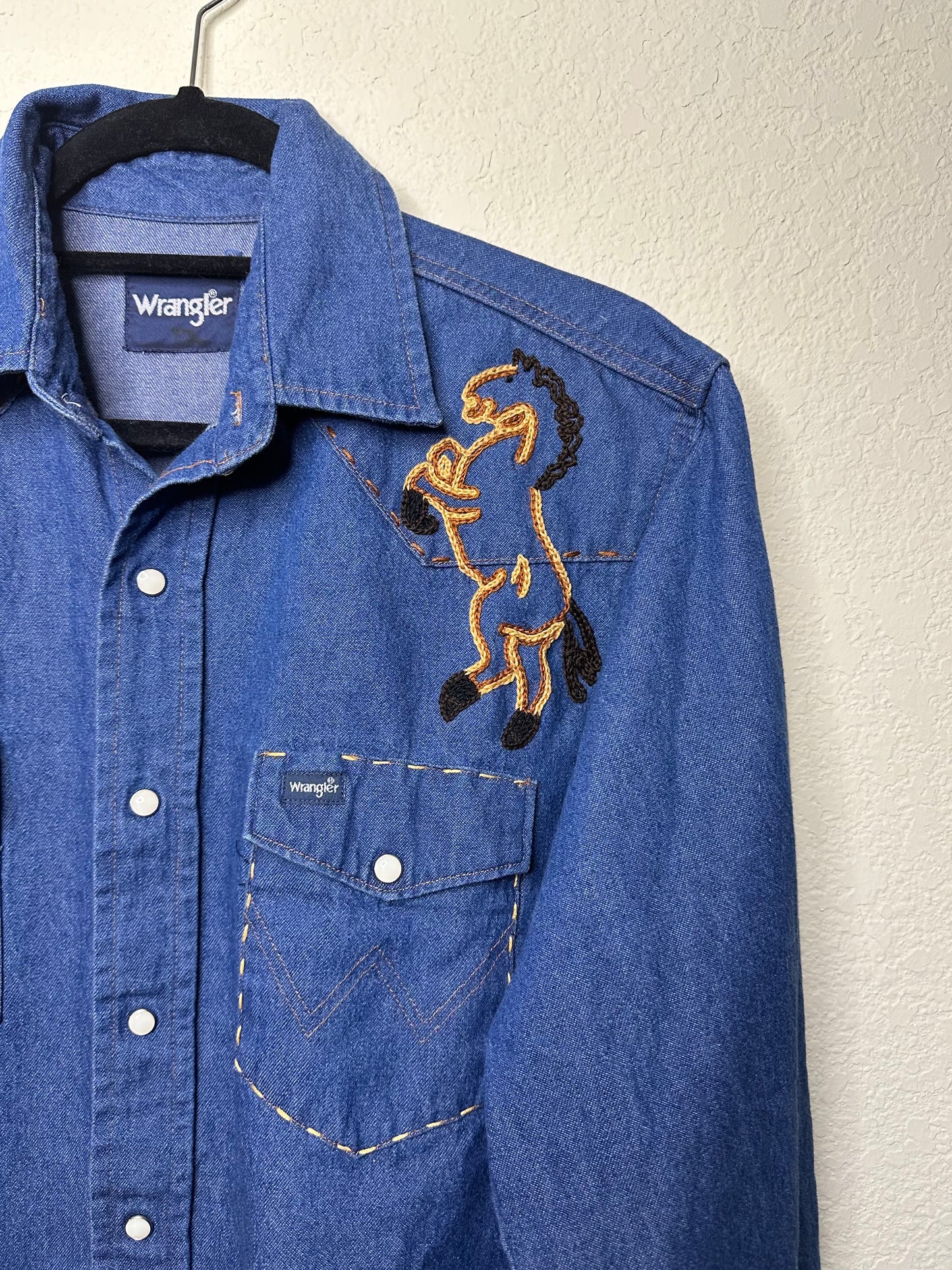 MCA Vintage Revival: Wrangler Denim Western Shirt - Horse Head Embroidered (Unisex L)