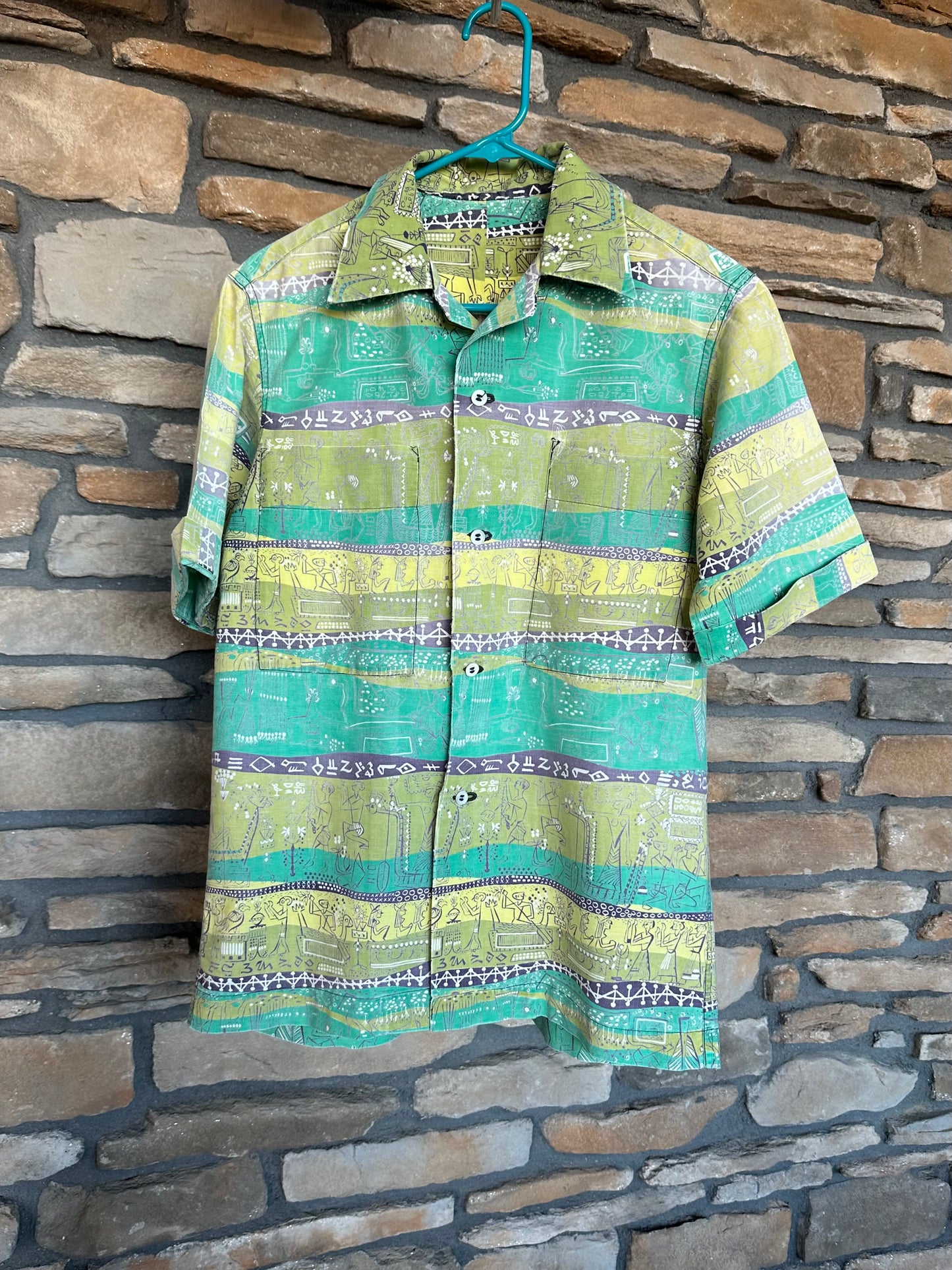 50’s Handmade Aztec Novelty Printed Cotton Casual Shirt (Unisex S/M)