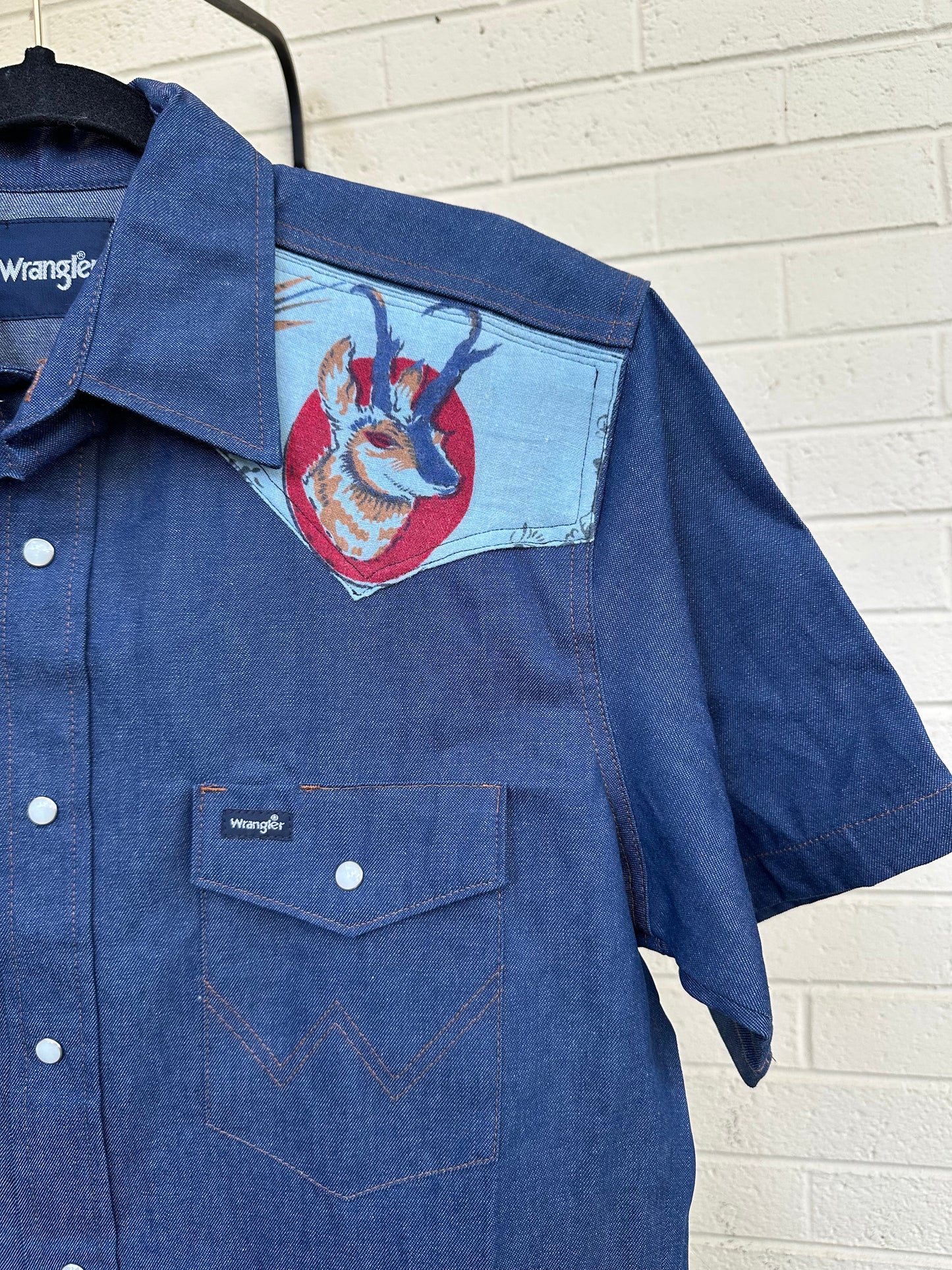 Custom 90’s Wrangler Indigo Pearl Snap Shirt (Unisex Medium)