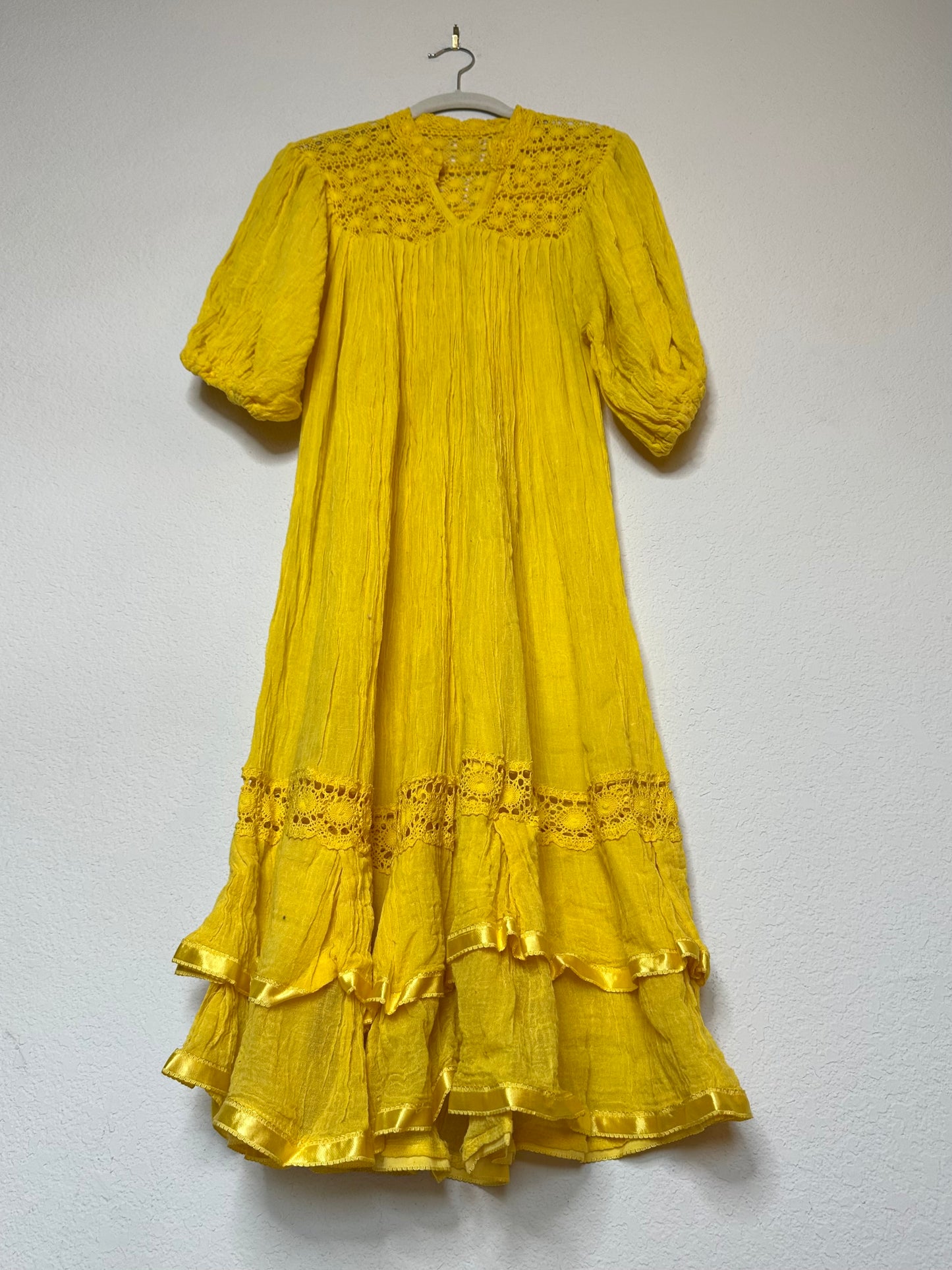 70’s Textured Cotton Gauze & Crochet Boho Dress (O/S)