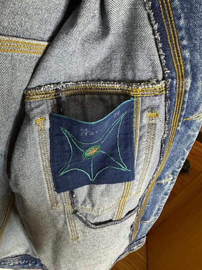 Vintage Sun Belt Patchwork Denim Trucker Jacket (Unisex L)