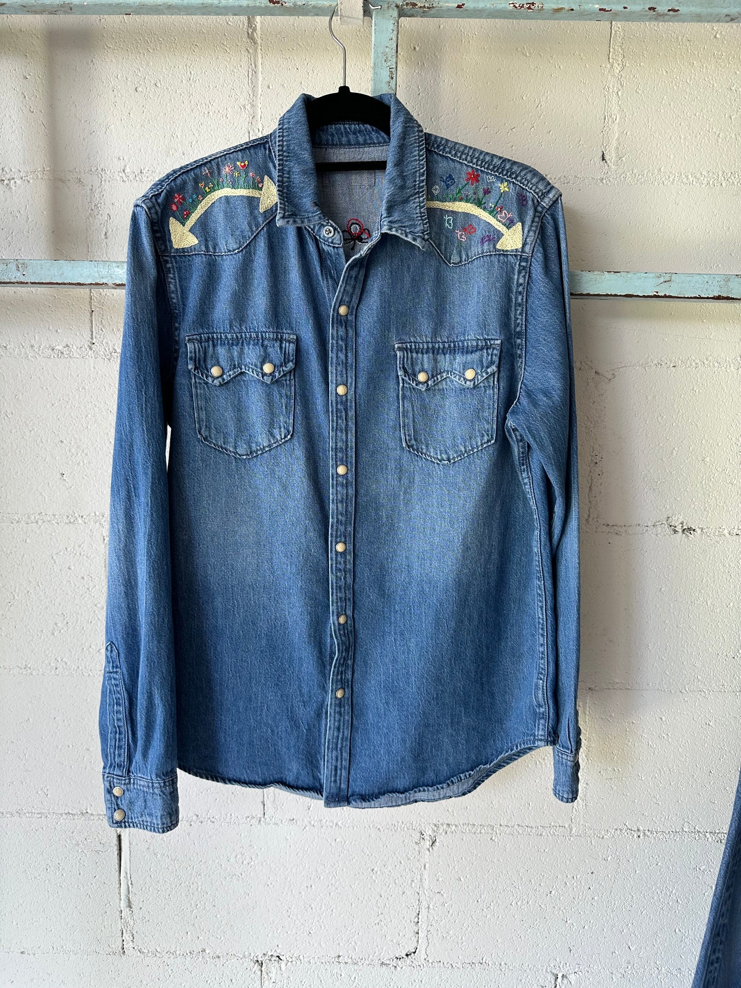 MCA VINTAGE REVIVAL: Hand Embroidered Denim Sawtooth Pearl Snap Shirt