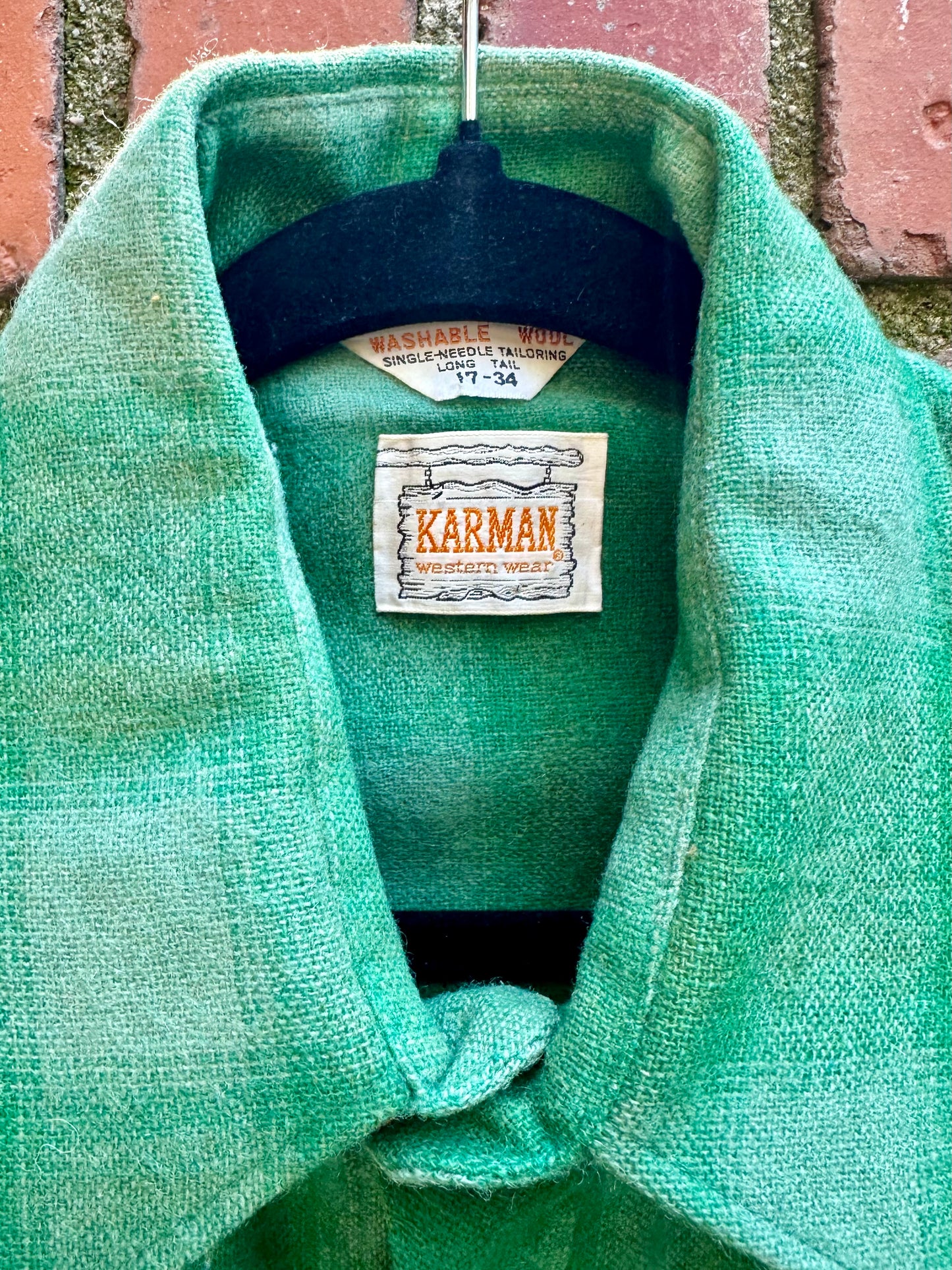 70’s KARMAN Western Washable Wool Green Shadow Plaid Pearl Snap (Unisex M/L)