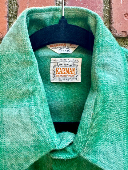 70’s KARMAN Western Washable Wool Green Shadow Plaid Pearl Snap (Unisex M/L)