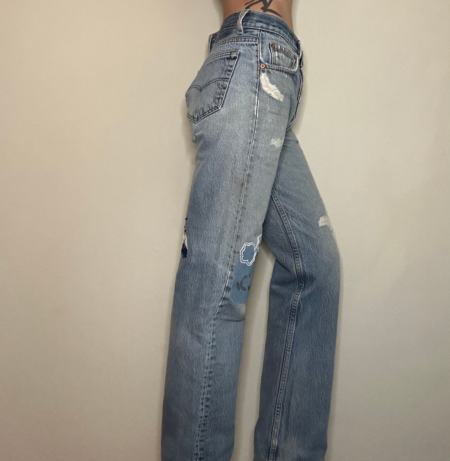 MCA Vintage Revival: 80’s Levi’s 501’s - Hand Patched & Hand Embroidered (31x32 / Modern 8)