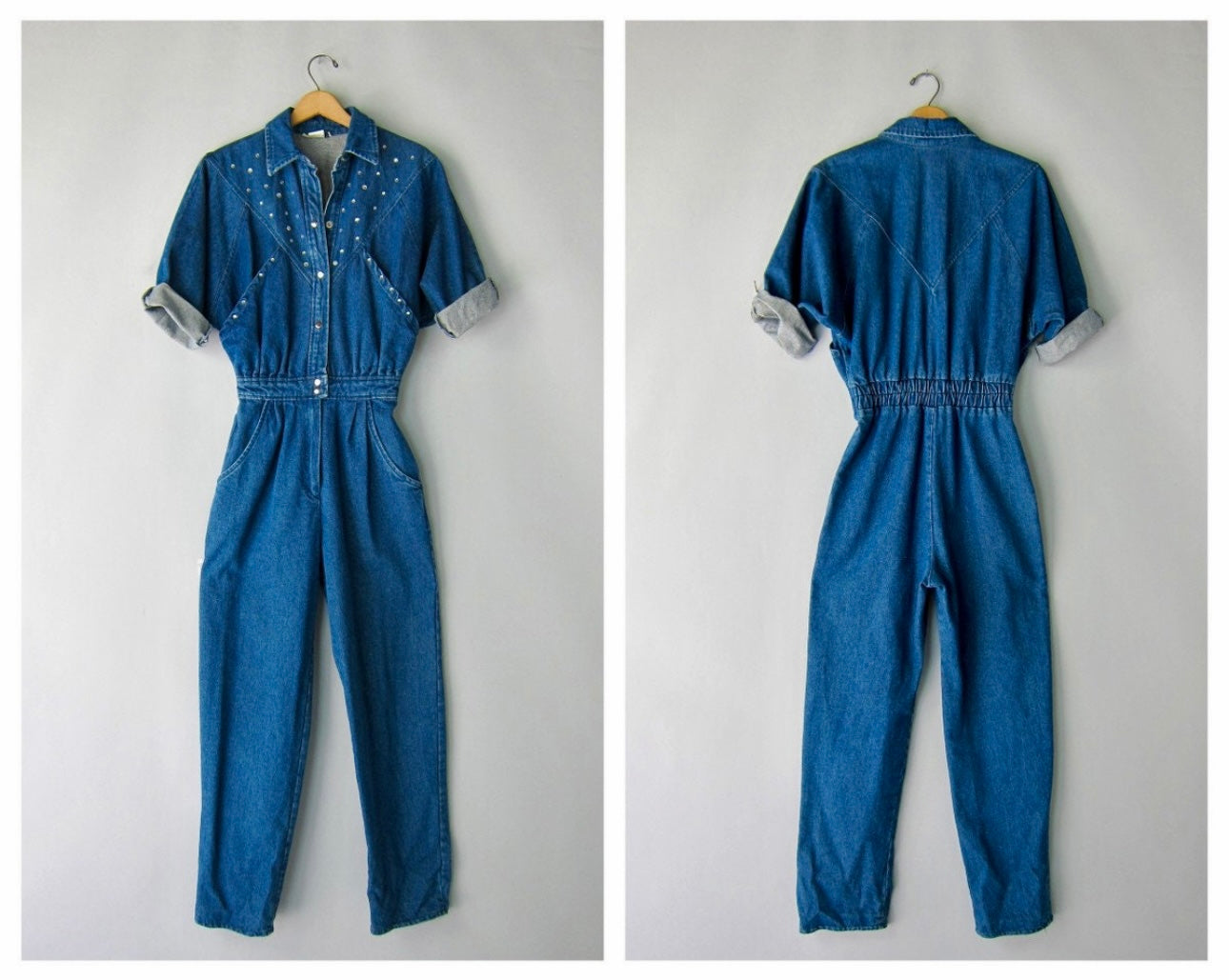 80s Western Denim Rhinestone Embellished Jumpsuit / Coveralls  (Unisex S/M)