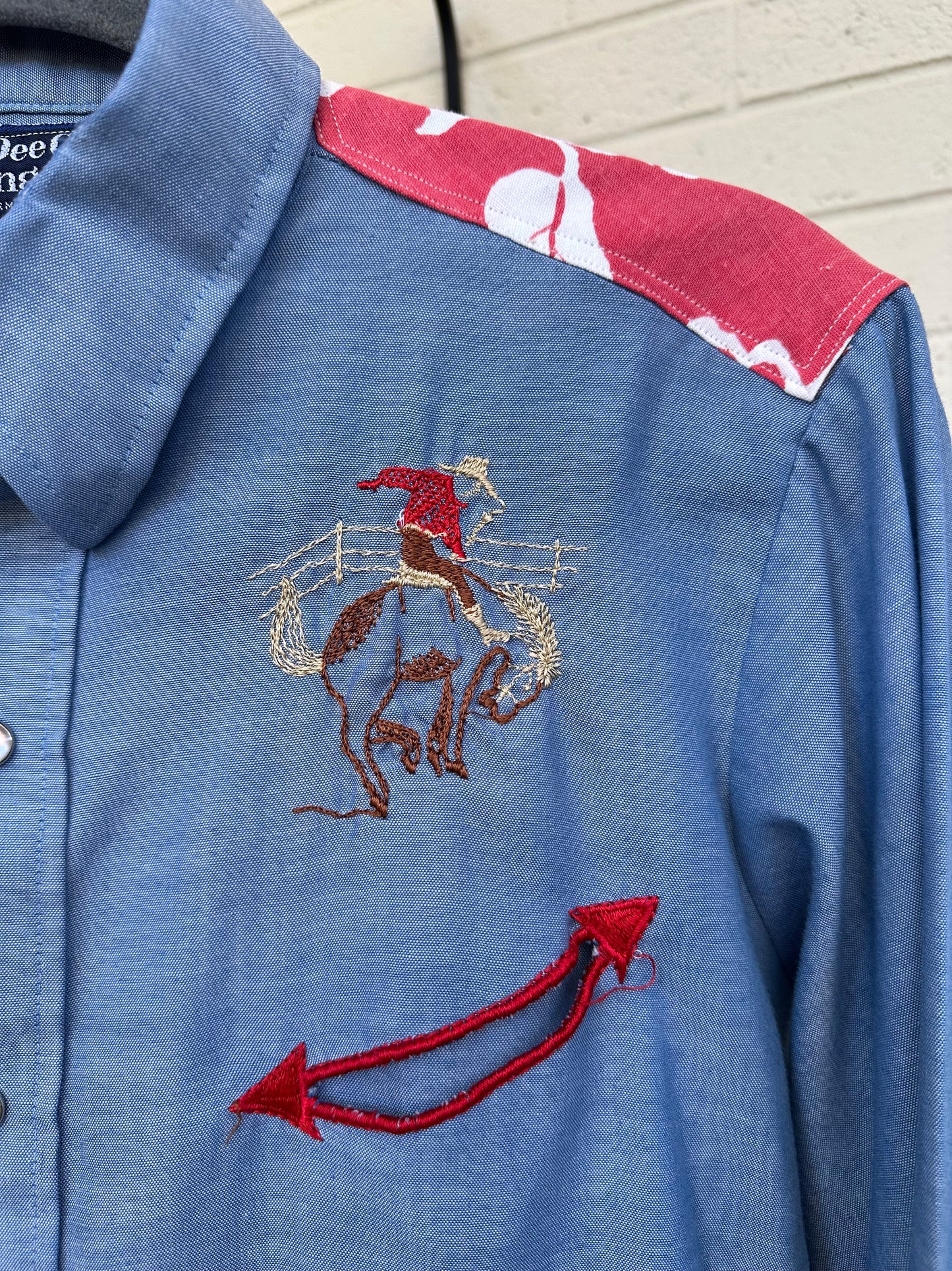 Custom Embroidered Patchwork Yoke Chambray Pearl Snap