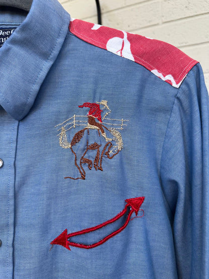 Custom Embroidered Patchwork Yoke Chambray Pearl Snap