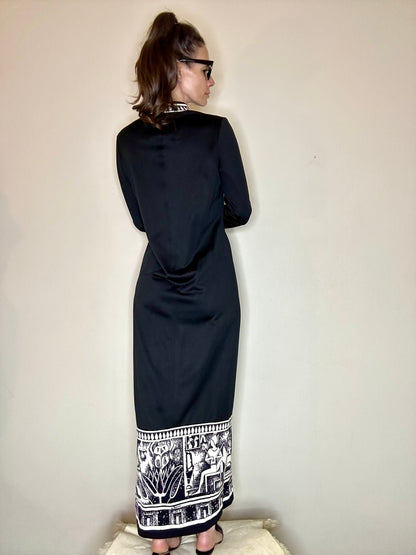 70s Paganne by Gene Berk Ethnic Print Side Slit Caftan Dress (L)