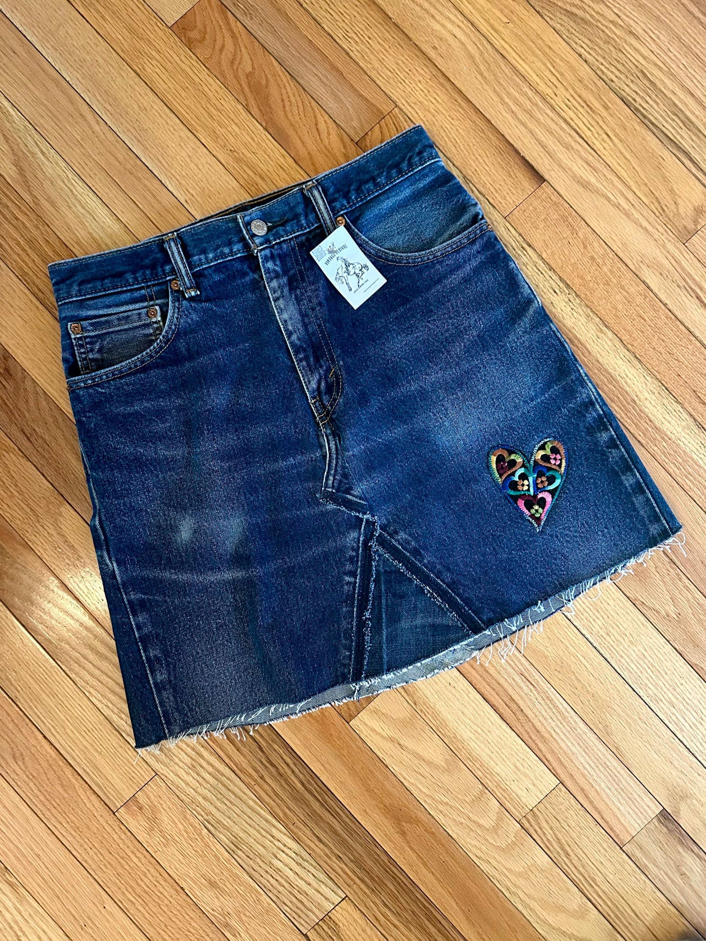 MCA 1/1: 90’s Deconstructed Levi’s 505 Embroidered Hearts Denim Skirt (Modern 29)