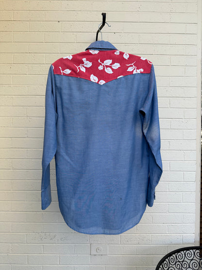 Custom Embroidered Patchwork Yoke Chambray Pearl Snap