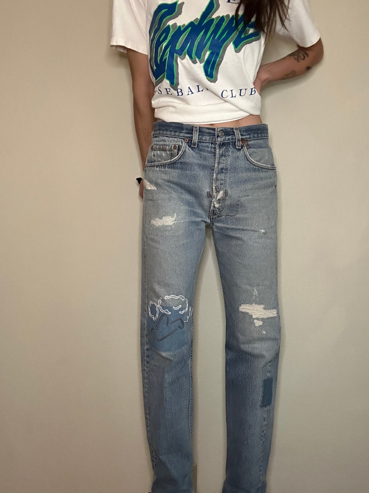 MCA Vintage Revival: 80’s Levi’s 501’s - Hand Patched & Hand Embroidered (31x32 / Modern 8)