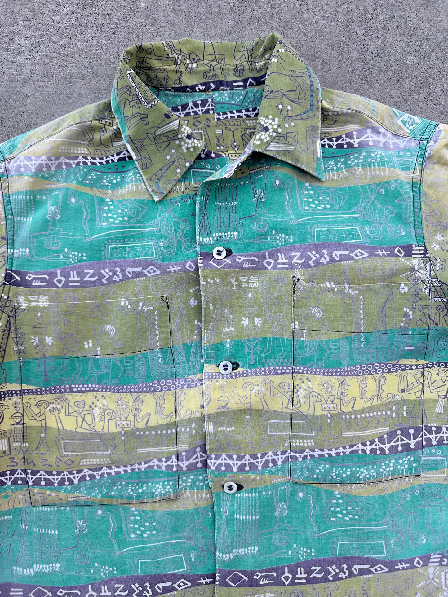 50’s Handmade Aztec Novelty Printed Cotton Casual Shirt (Unisex S/M)