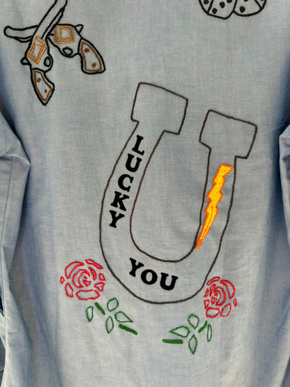 MCA Vintage Revival: Vintage Hand Embroidered Military Chambray Utility Shirt (Unisex S)