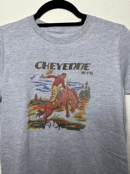 40’s Cheyenne, Wyo. Rodeo Graphic on Women’s Gray Tee - Custom Made (Women’s S)