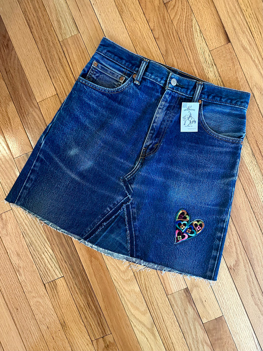 MCA 1/1: 90’s Deconstructed Levi’s 505 Embroidered Hearts Denim Skirt (Modern 29)