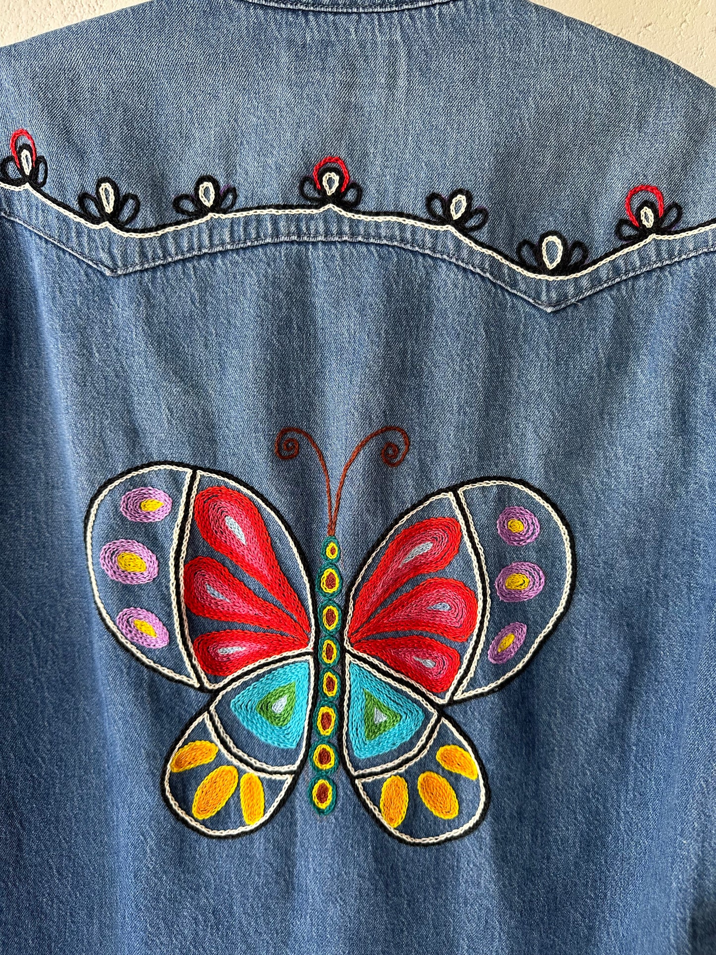 MCA VINTAGE REVIVAL: Hand Embroidered Denim Sawtooth Pearl Snap Shirt