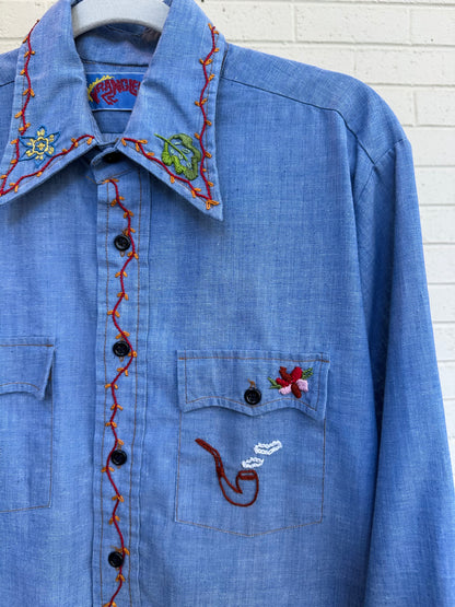 70’s Wrangler Hand Embroidered Chambray Shirt (L)