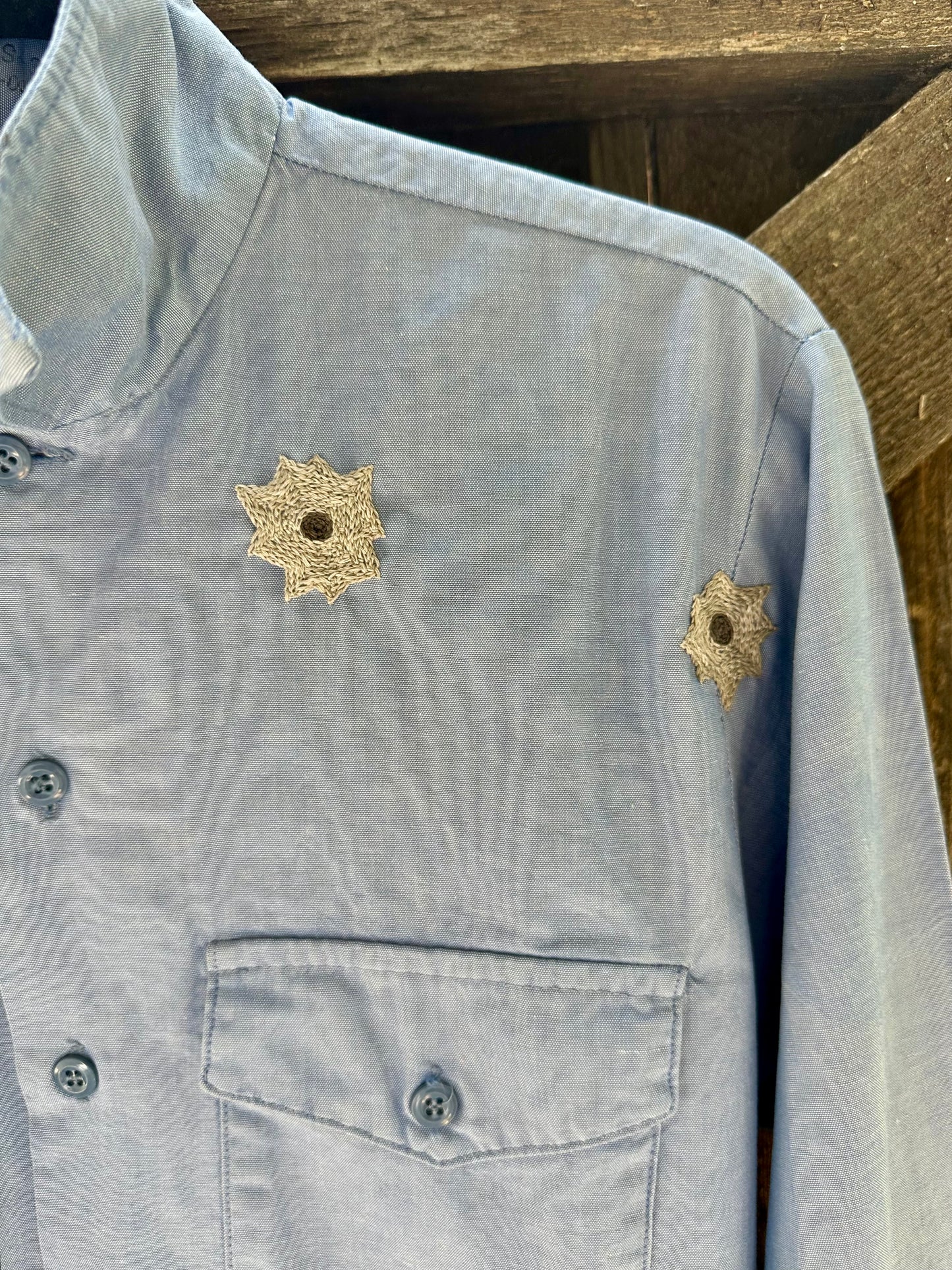 MCA Vintage Revival: Vintage Hand Embroidered Military Chambray Utility Shirt (Unisex S)