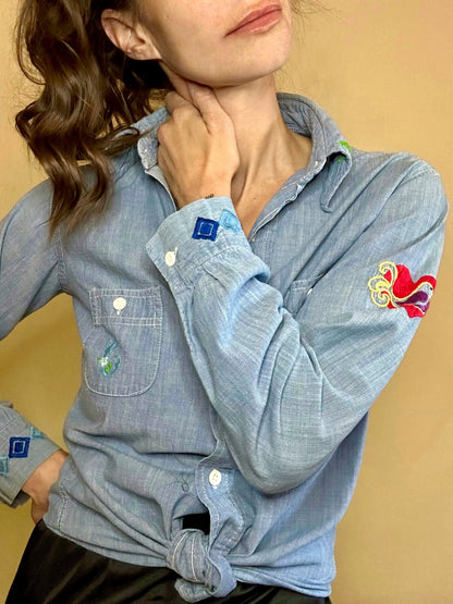 70’s Chambray Hand Embroidered Button-Down Shirt (Women’s S)