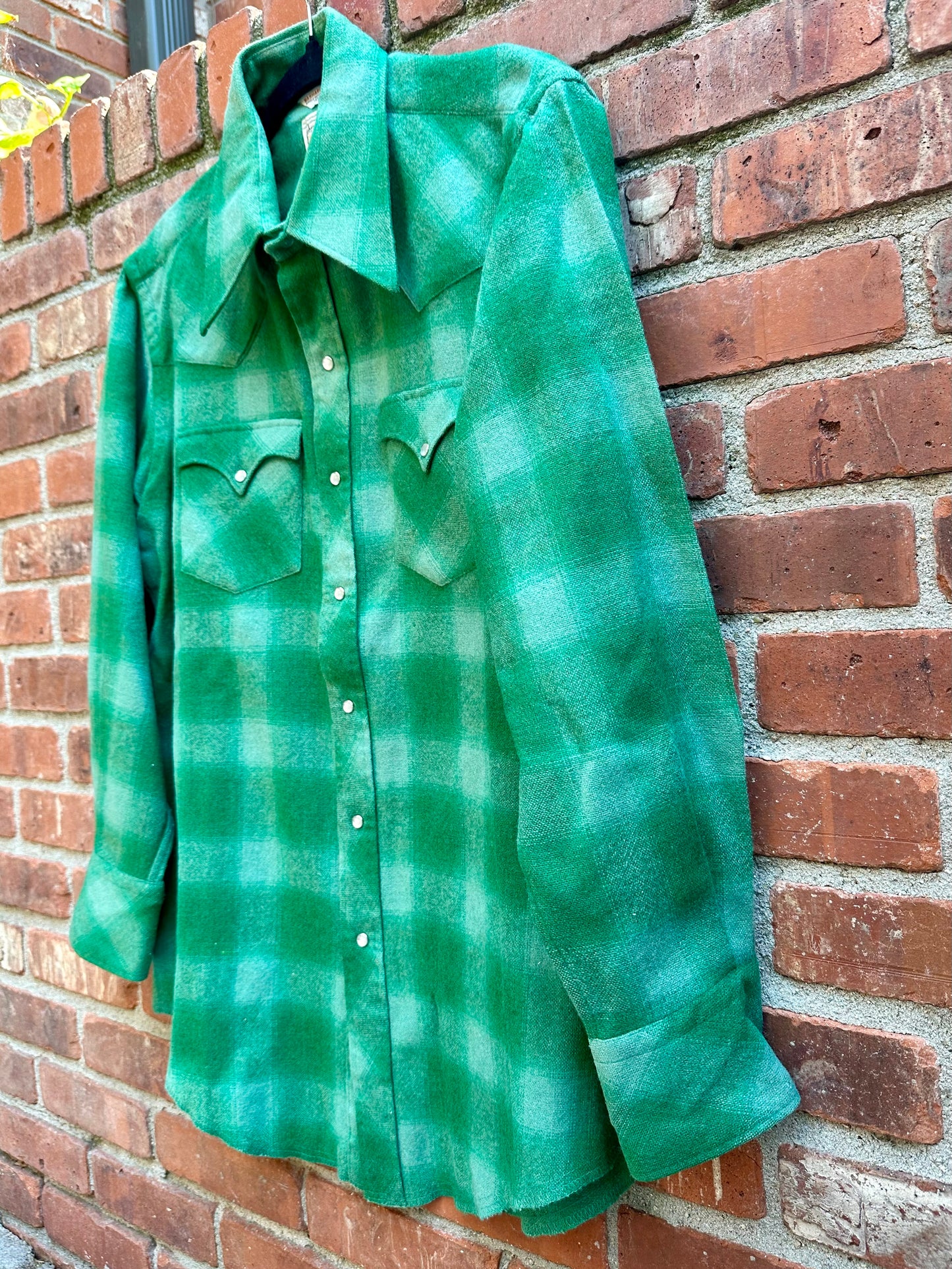 70’s KARMAN Western Washable Wool Green Shadow Plaid Pearl Snap (Unisex M/L)