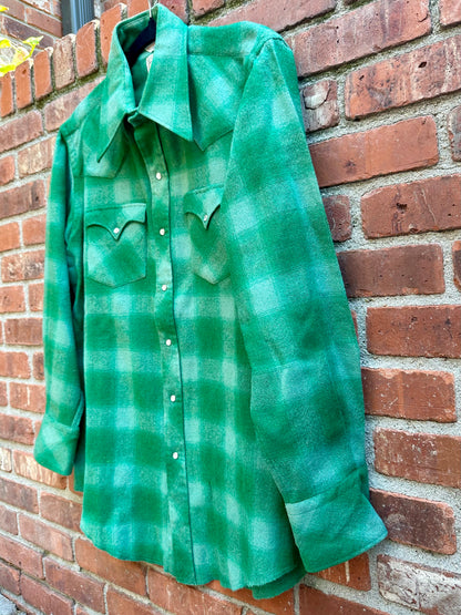 70’s KARMAN Western Washable Wool Green Shadow Plaid Pearl Snap (Unisex M/L)