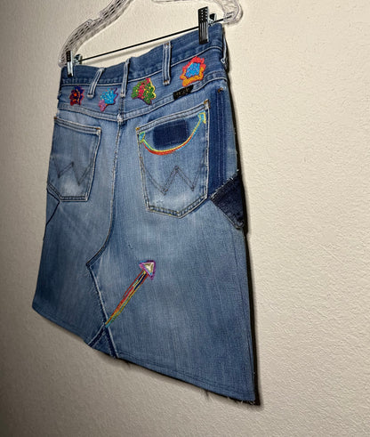 MCA REVIVAL: 70’s Wrangler No Fault Denim Handmade into Embroidered A-Line Skirt (8/10)