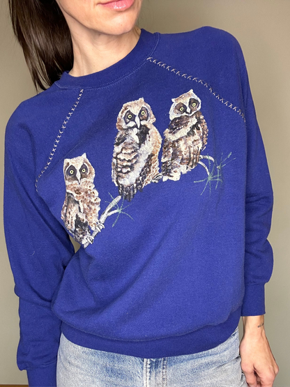 80’s Hand Painted Embroidered Owl Raglan Sweatshirt (Unisex S)