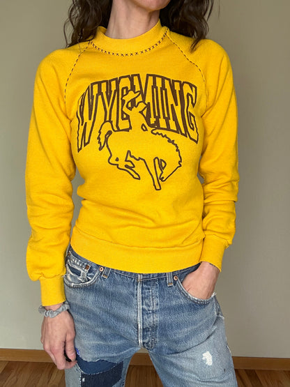 80’s Wyoming Raglan Sweatshirt w/  Hand Embroidered & Flocked Letters (Women’s XS)