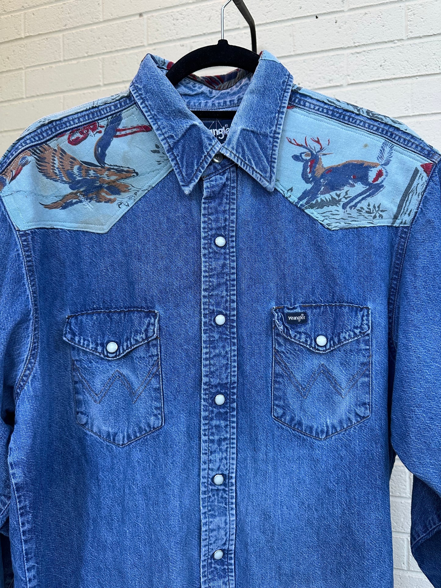 Custom 80’s Wrangler Denim Pearl Snap w/ 60’s Fabric Patchwork Yoke