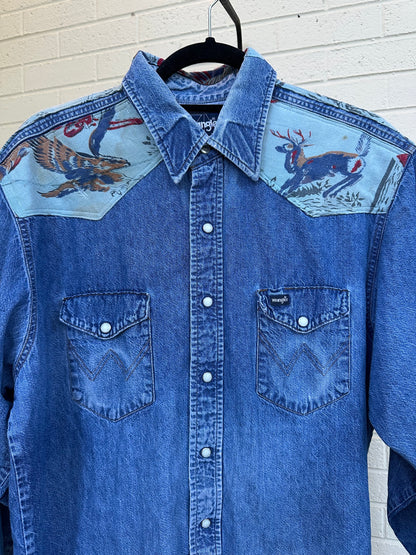Custom 80’s Wrangler Denim Pearl Snap w/ 60’s Fabric Patchwork Yoke