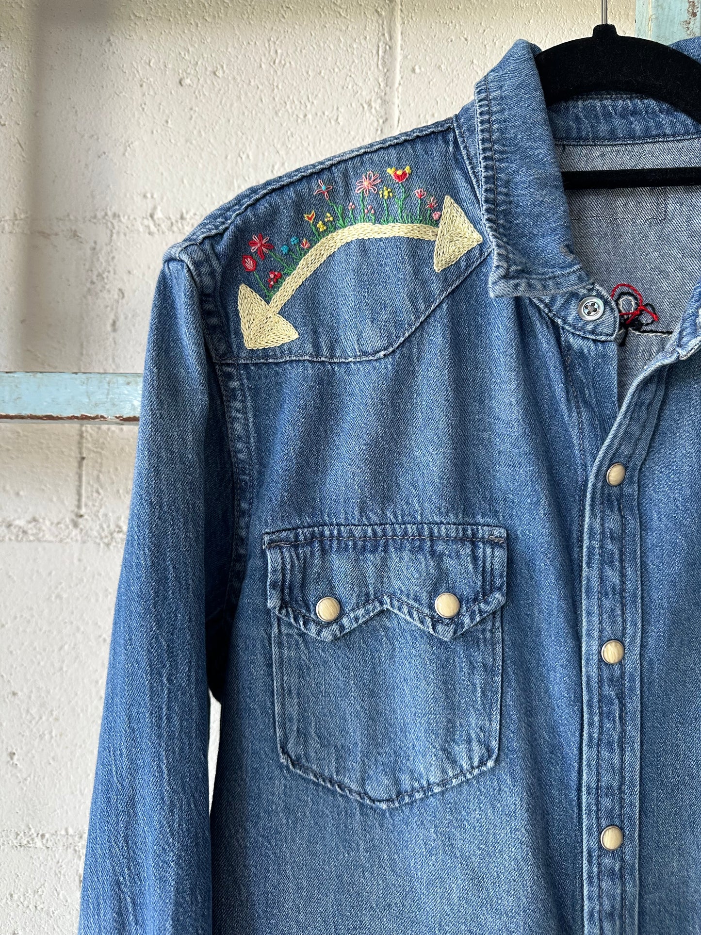 MCA VINTAGE REVIVAL: Hand Embroidered Denim Sawtooth Pearl Snap Shirt