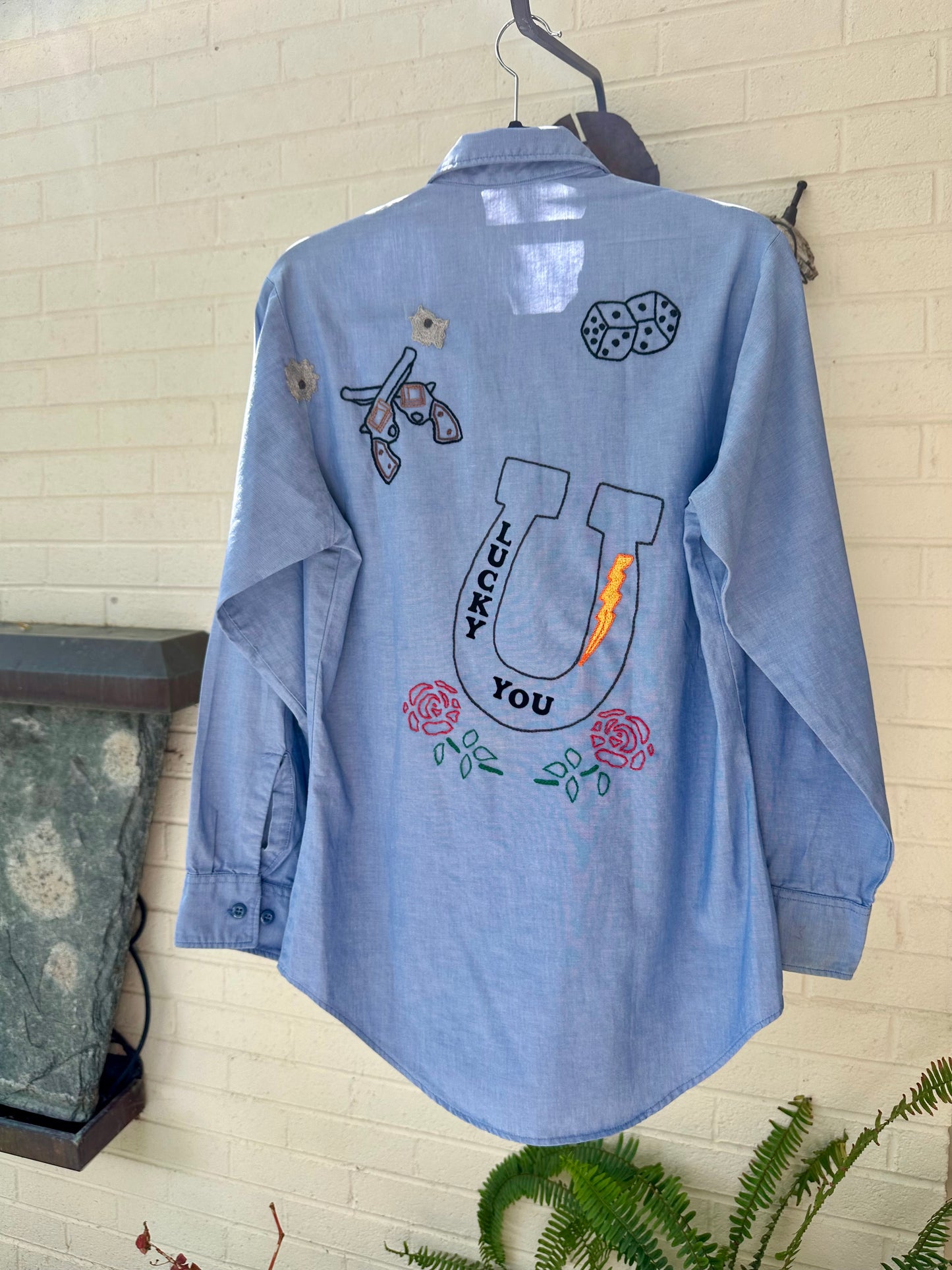 MCA Vintage Revival: Vintage Hand Embroidered Military Chambray Utility Shirt (Unisex S)