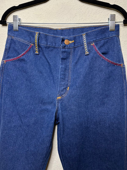 MCA Vibtage Revival: 70’s Wrangler Indigo Hand Embroidered Boot Flare Jeans (Modern 27/28)