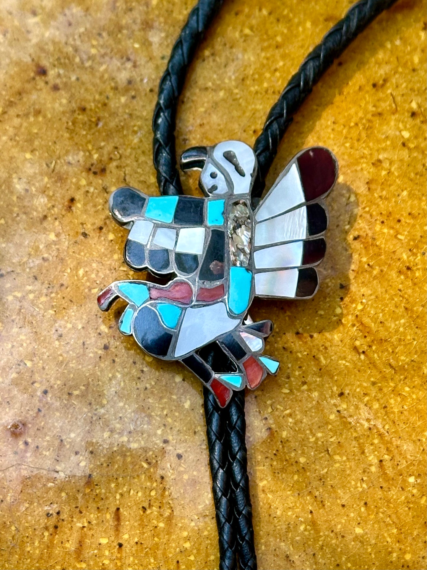 Old Pawn Signed Zuni Inlay Eagle Dancer Braided Leather Bolo Tie