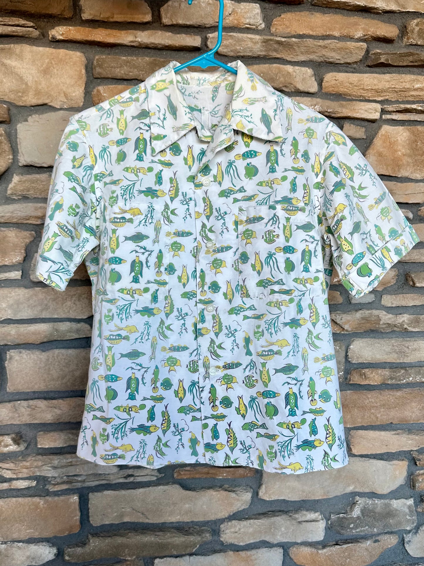 50’s Handmade Fish Printed Cotton Casual Shirt (Unisex S)