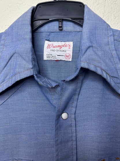 60’s Custom Wrangler Chambray Western Pearl Snap Shirt w/ Johnny Cash Graphic (Unisex S)