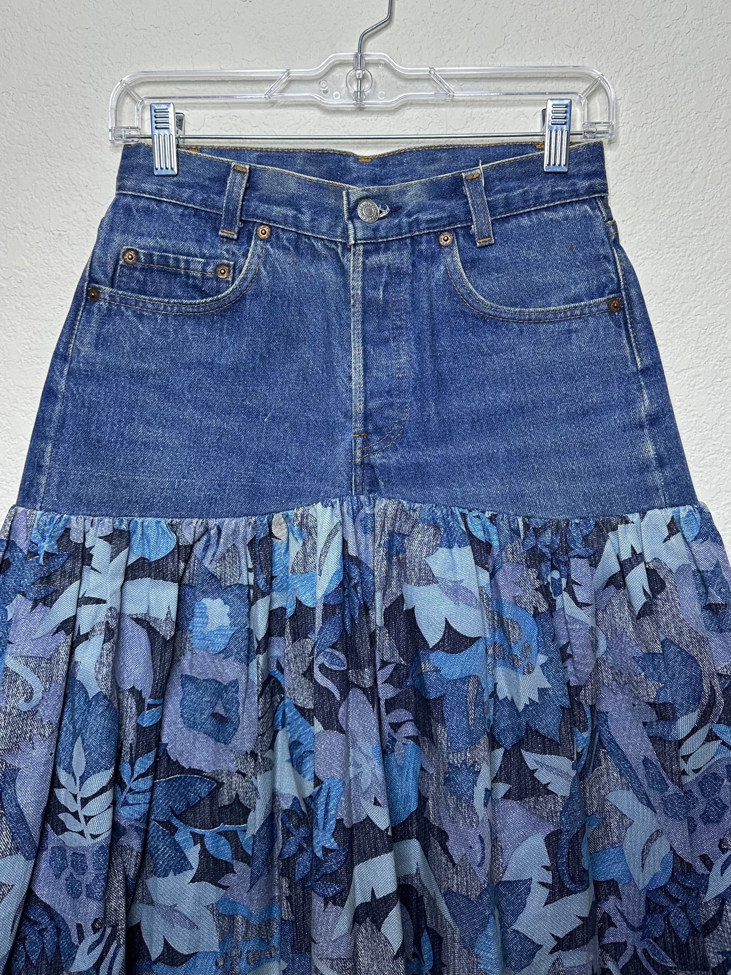 70 s Levi s 701 Reworked Denim Midi Skirt 0 2 MCA VINTAGE REVIVAL