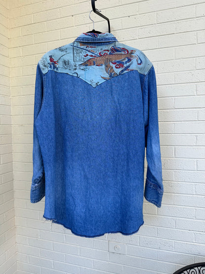 Custom 80’s Wrangler Denim Pearl Snap w/ 60’s Fabric Patchwork Yoke