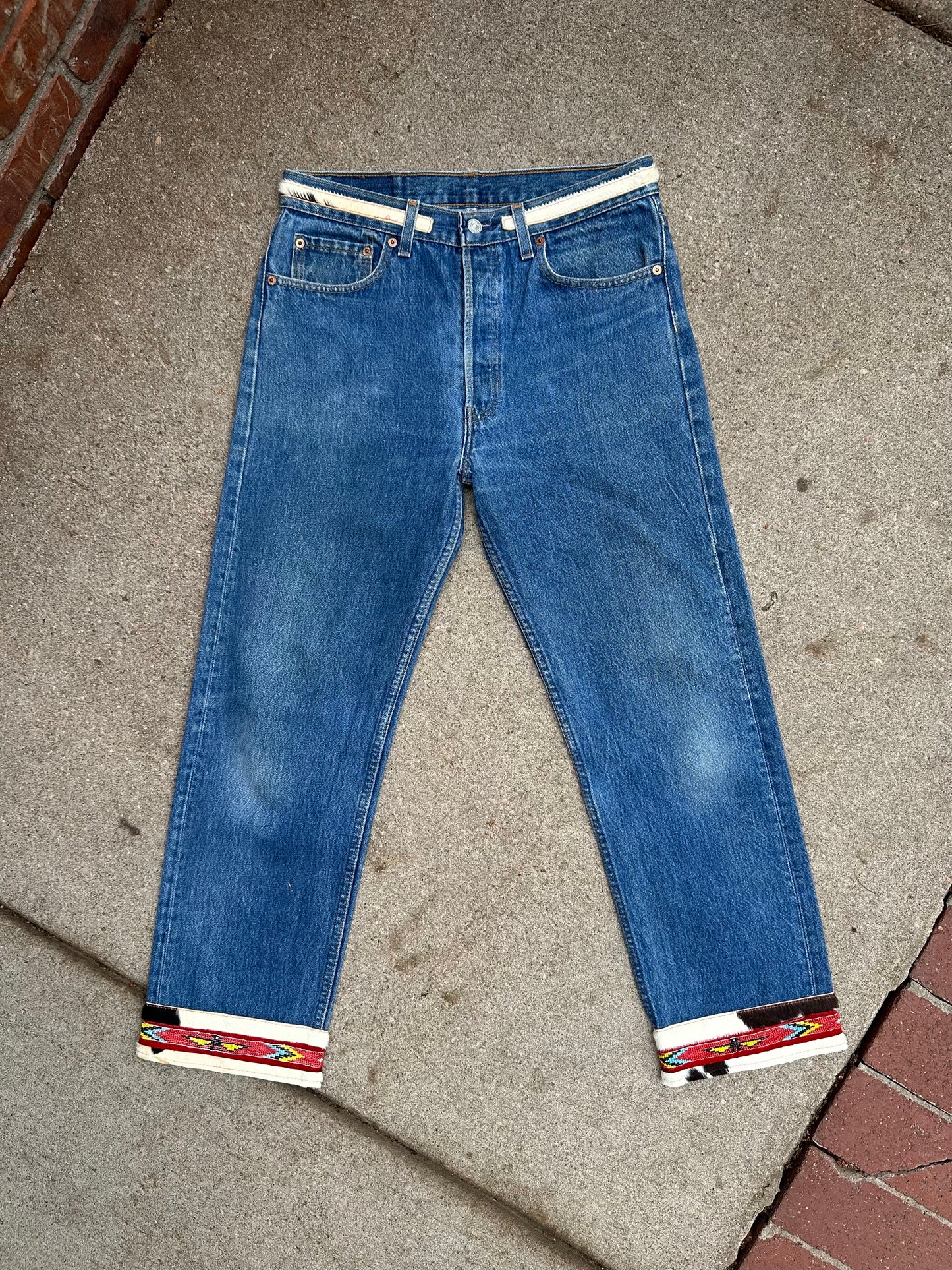 90’s Custom Cowhide Beaded Levi’s 501 Jeans (Modern 29/30)