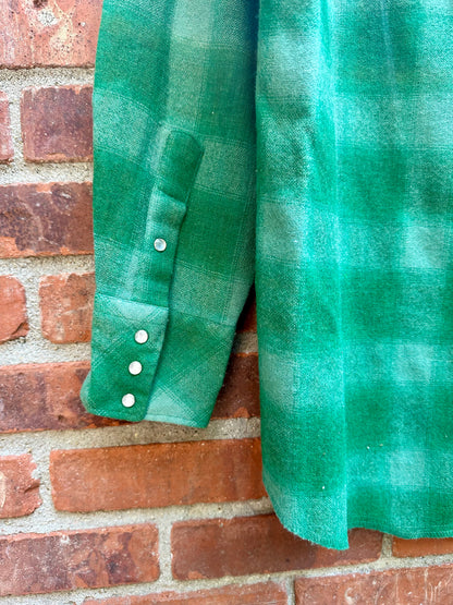 70’s KARMAN Western Washable Wool Green Shadow Plaid Pearl Snap (Unisex M/L)