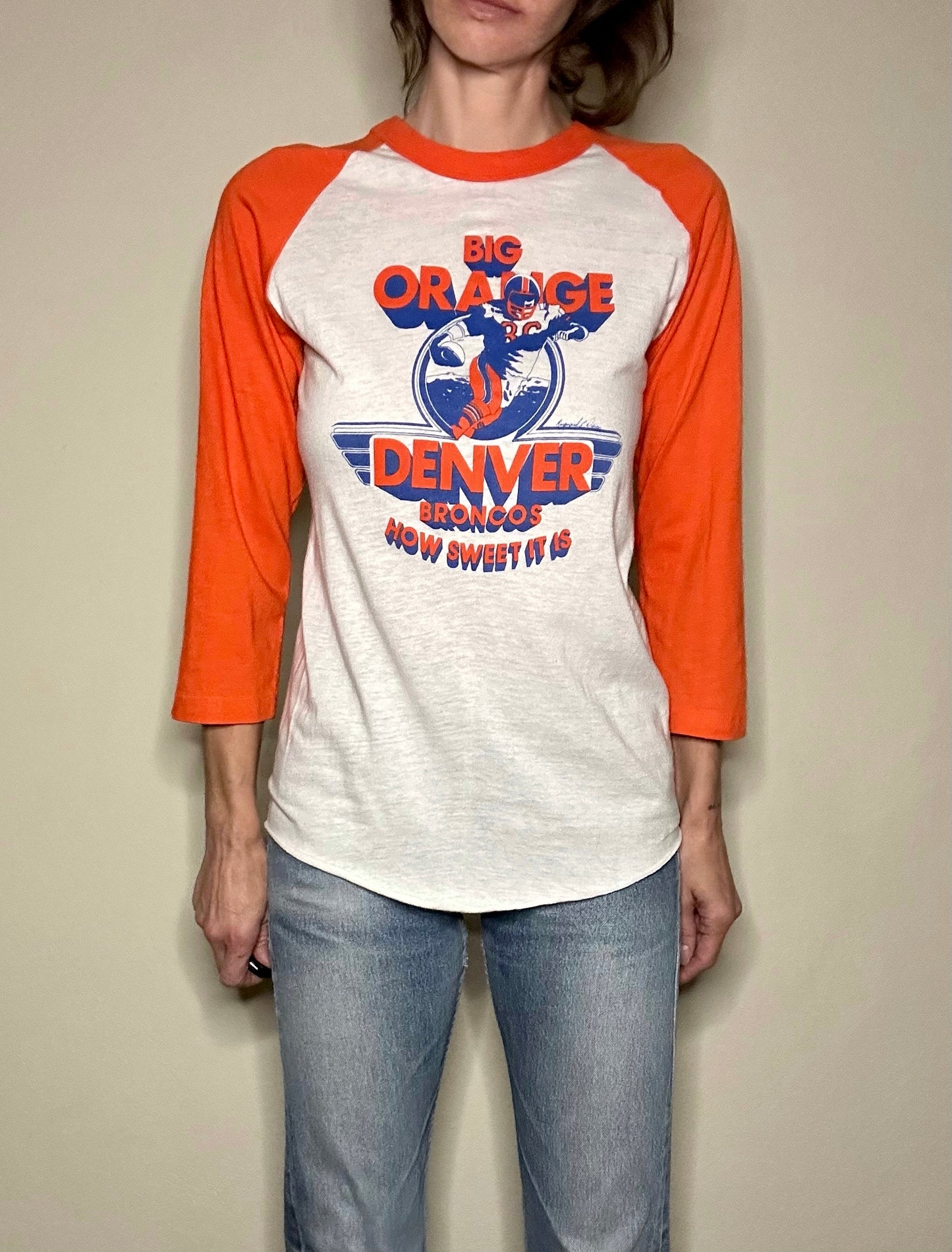 VERY RARE 70’s Raglan “Big Orange” Denver Broncos “How Sweet It Is” Tee (Unisex S)