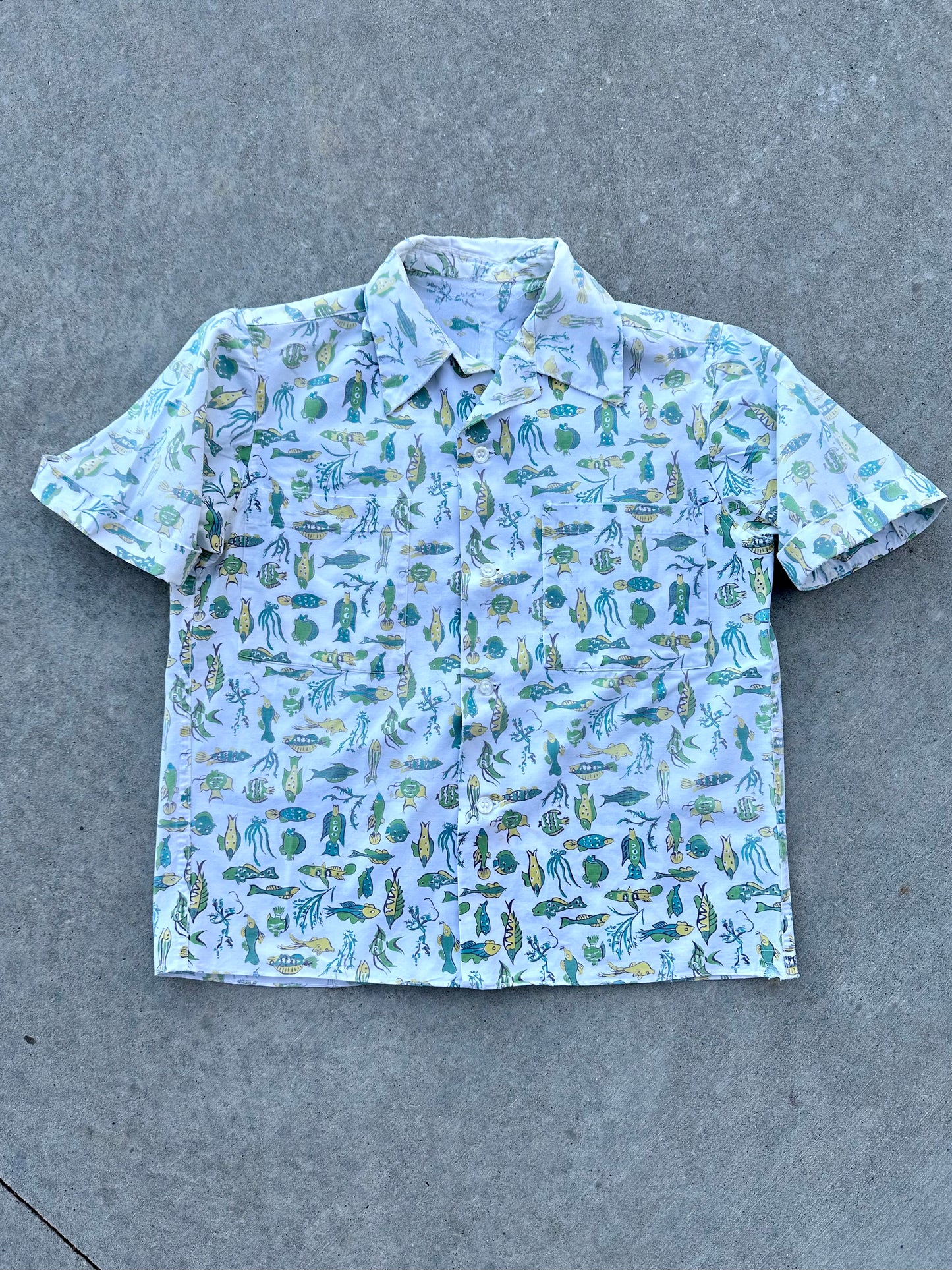 50’s Handmade Fish Printed Cotton Casual Shirt (Unisex S)