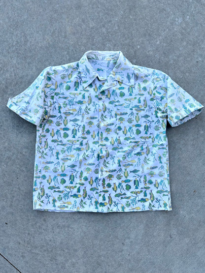 50’s Handmade Fish Printed Cotton Casual Shirt (Unisex S)