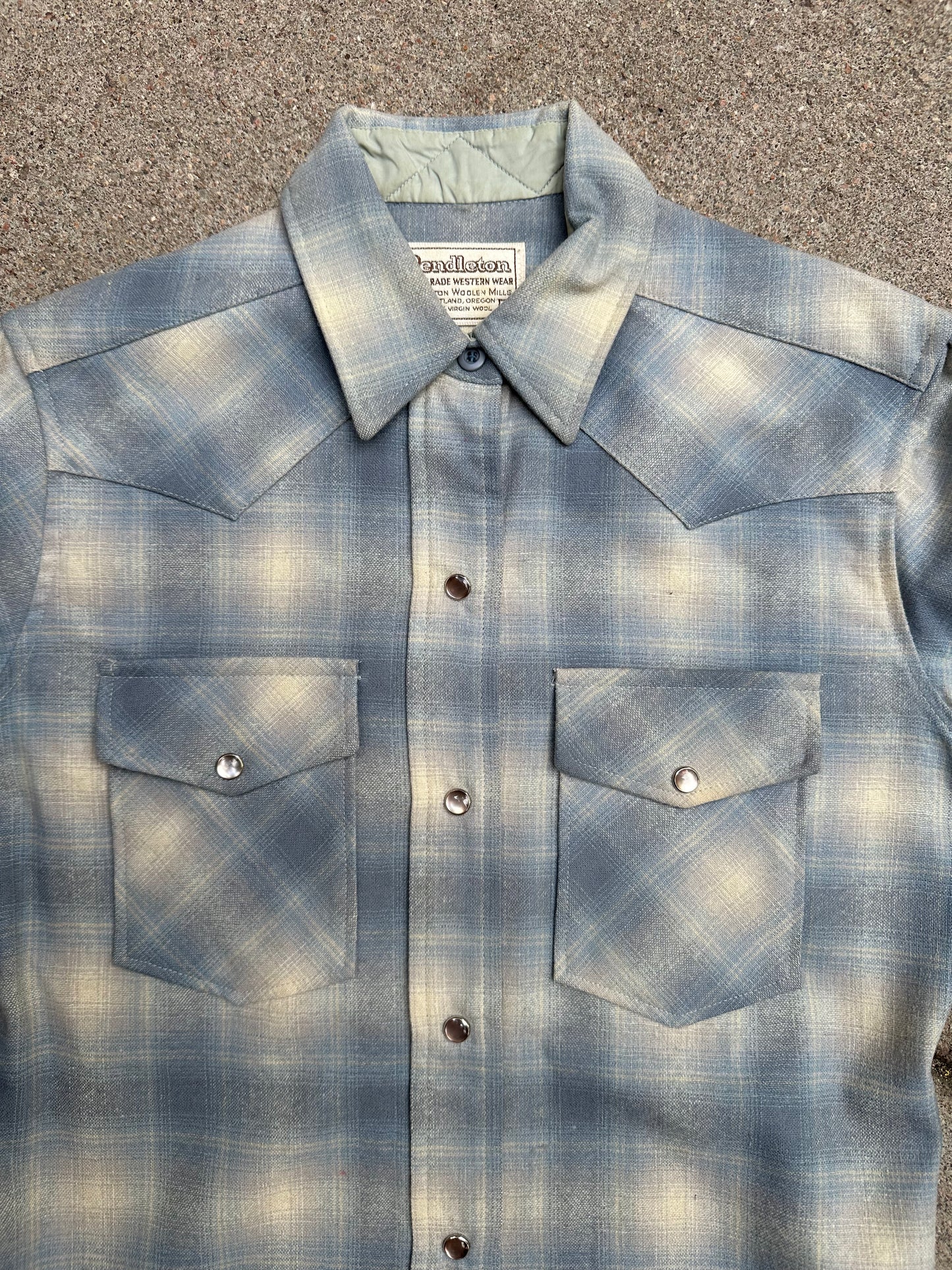 70’s Pendleton Western Wool Baby Blue Shadow Plaid Pearl Snap Shirt (Women’s XS/S)