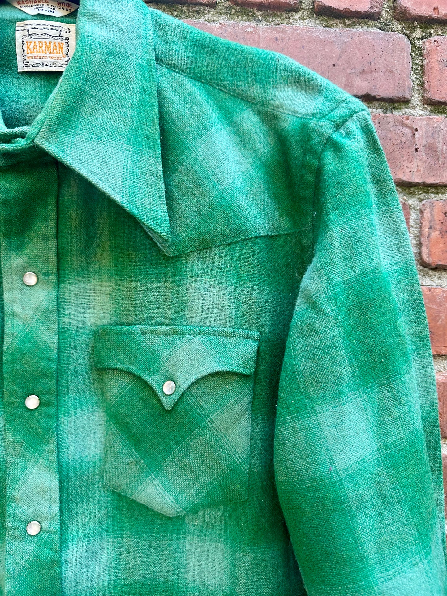 70’s KARMAN Western Washable Wool Green Shadow Plaid Pearl Snap (Unisex M/L)