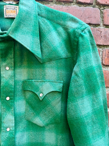 70’s KARMAN Western Washable Wool Green Shadow Plaid Pearl Snap (Unisex M/L)