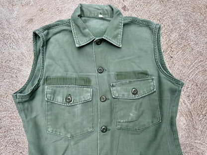 60’s US Army Military OG-107 Cotton Sateen Cutoff Sleeveless Utility Shirt Type 3 (Unisex M)