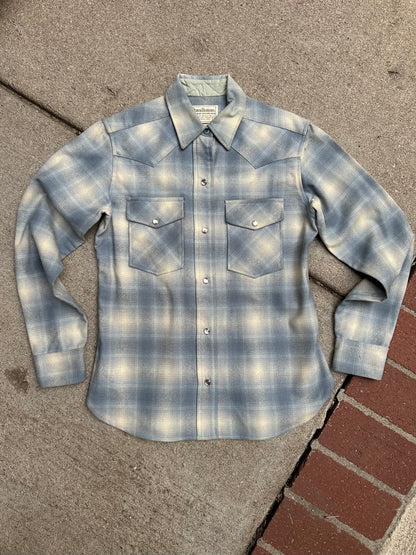 70’s Pendleton Western Wool Baby Blue Shadow Plaid Pearl Snap Shirt (Women’s XS/S)